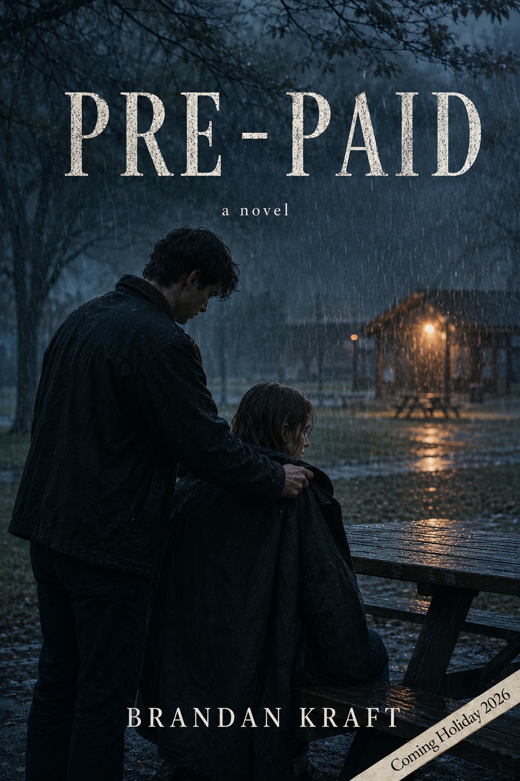 Pre-Paid — a novel by Brandan Kraft. A man drapes his jacket over a young woman in the rain; one warm light glows across the park.