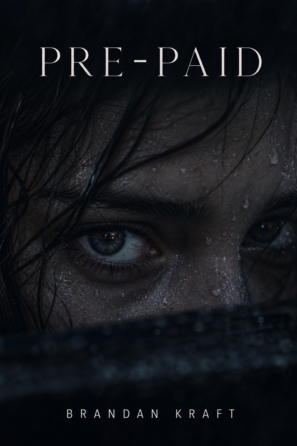Pre-Paid — a novel. A young woman's face in the rain, close enough to count the drops on her skin, dark wet hair across her brow, looking up out of the dark.